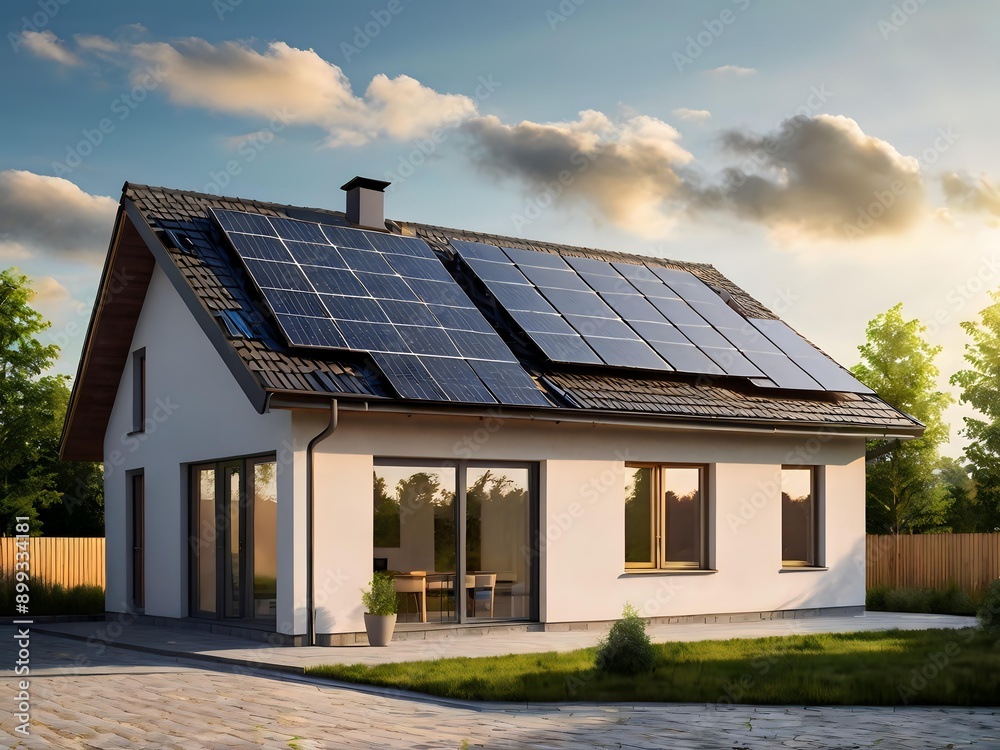 Fototapeta premium Close-up of a new suburban house with a photovoltaic system on the roof. Simple and modern environmentally friendly house with solar panels on the gable roof, with sunlight during the day