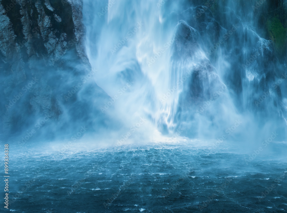 Stirling Falls plunging vertically over the cliff into Milford Sound, South Island. New Zealand.