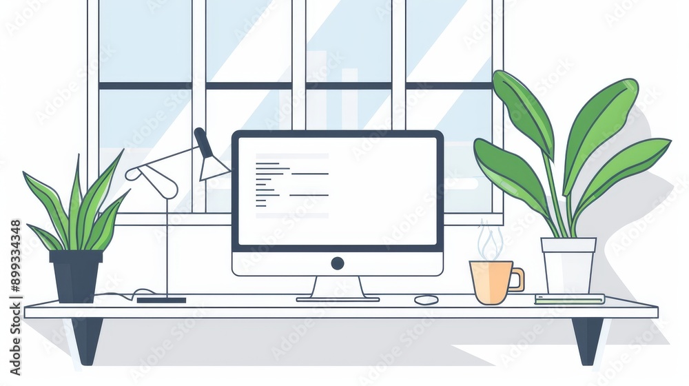 Fototapeta premium Minimalist Home Office Desk with Plants and Coffee