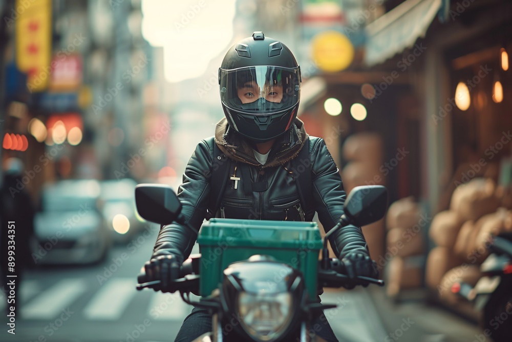 Focused delivery rider in a helmet navigating a bustling urban street, showcasing city life and the trend of food delivery services.