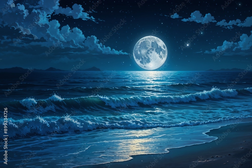 A calm, moonlit ocean scene with gentle waves and a starry night sky, ideal for peaceful and tranquil themes. A calm, moonlit ocean scene with gentle waves and a starry night sky, ideal for peaceful and tranquil themes.