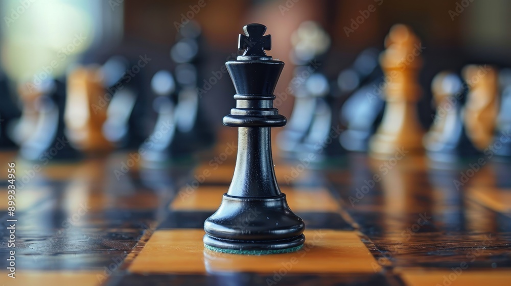 Close-Up of Black King Chess Piece on Wooden Chessboard with Blurred Background of Other Chess Pieces Close-Up of Black King Chess Piece on Wooden Chessboard with Blurred Background of Other Chess Pieces