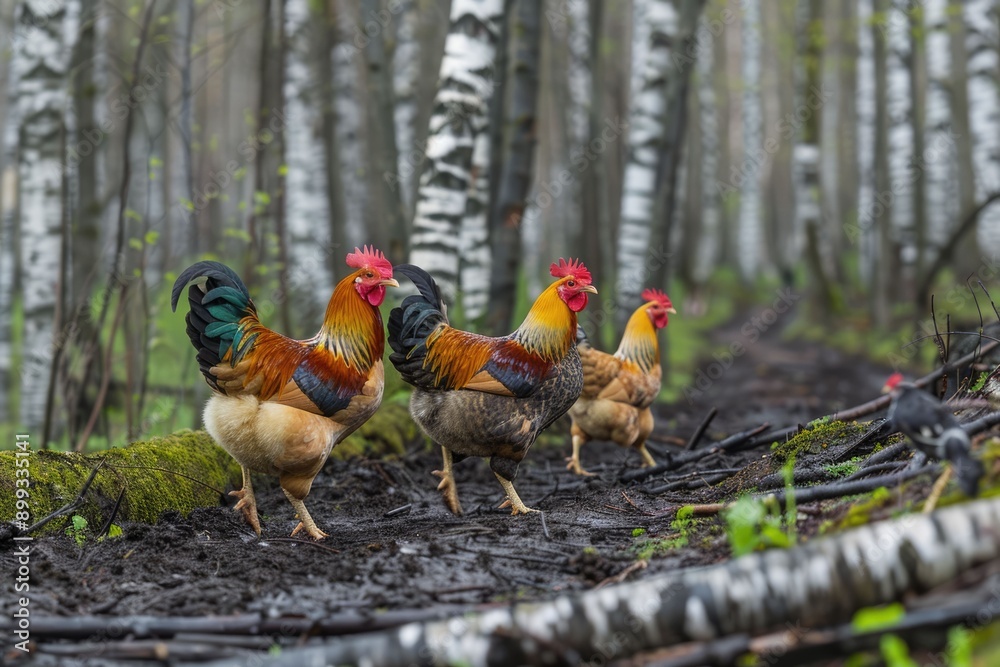 Fototapeta premium group of chickens and rooster walking in farm land spring time agriculture concept