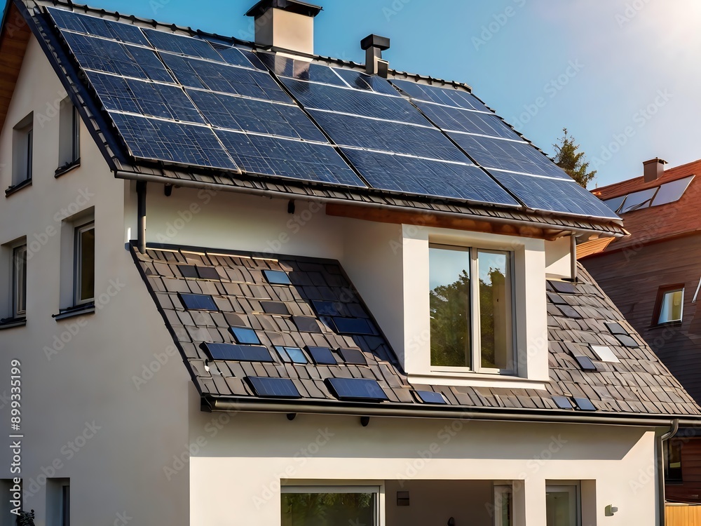 Close-up of a new suburban house with a photovoltaic system on the roof. Simple and modern environmentally friendly house with solar panels on the gable roof, with sunlight during the day Close-up of a new suburban house with a photovoltaic system on the roof. Simple and modern environmentally friendly house with solar panels on the gable roof, with sunlight during the day
