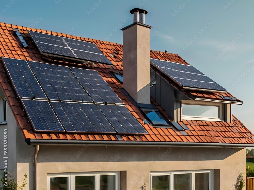 Fototapeta premium Close-up of a new suburban house with a photovoltaic system on the roof. Simple and modern environmentally friendly house with solar panels on the gable roof, with sunlight during the day