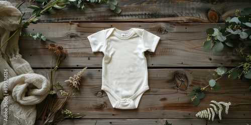 Simple white baby onesie laid flat on a rustic wooden surface, surrounded by delicate greenery and knit fabric. The arrangement emphasizes a natural and cozy aesthetic. photo