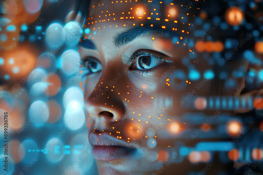 Indigene Frau blickt in einen digitalen futuristischen Erfolgsbildschirm Indigene Frau blickt in einen digitalen futuristischen Erfolgsbildschirm