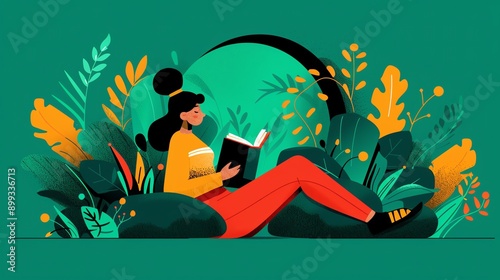 Woman reading a book in a cozy nook with plants, selfdevelopment, gaining knowledge and nurturing growth