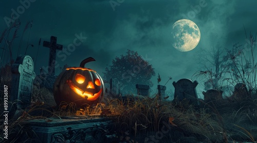 Spooky Halloween Scene with Glowing Pumpkin Under Full Moon