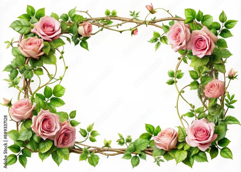 Naklejka premium Delicate pink rose frame adorned with lush ivy, vines, and green leaves on intricately cutout branches with transparent background, perfect for love-themed celebration cards.