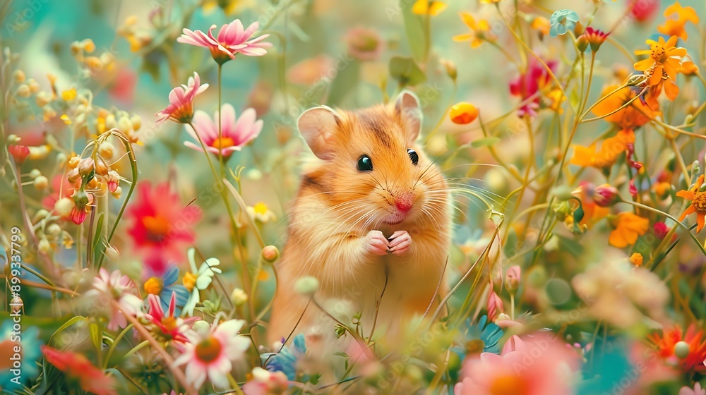 Playful Hamster Amidst Vibrant Wildflowers - Nature's Hide and Seek Playful Hamster Amidst Vibrant Wildflowers - Nature's Hide and Seek