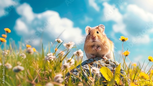 Playful Hamster Enjoying Nature on Grassy Hill Under Blue Sky