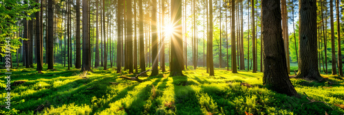 Lush green forest with sunlight filtering through branches photo