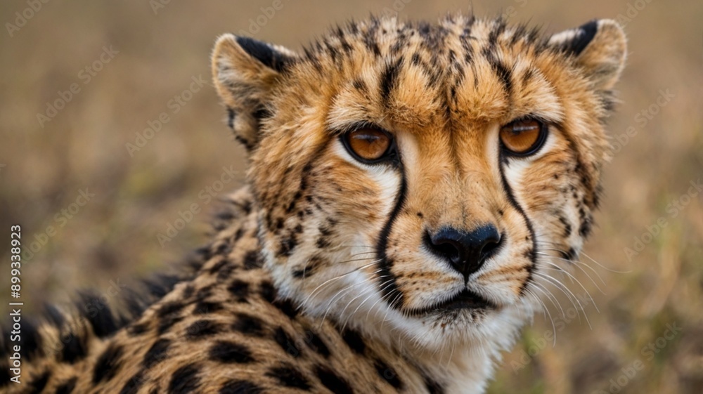 Wild cheetah with bright yellow eyes on the field ready to catch its prey, close up photo Wild cheetah with bright yellow eyes on the field ready to catch its prey, close up photo