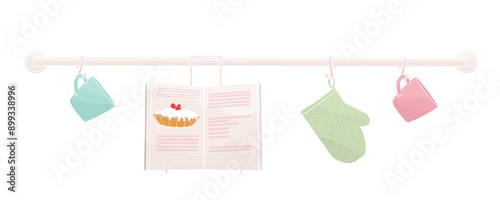 kitchen crossbar with cookbook, cups and oven-glove