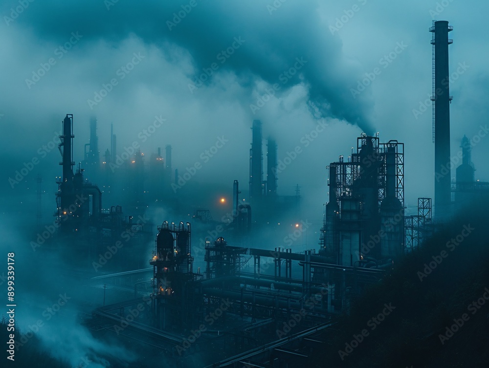 A moody view of an industrial complex shrouded in fog, highlighting smokestacks and machinery against a twilight backdrop. A moody view of an industrial complex shrouded in fog, highlighting smokestacks and machinery against a twilight backdrop.