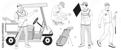 smiling golf club staff part 3 male  caddie, golf cart, caddy man with flag, golf ball, clubs, golf bag 