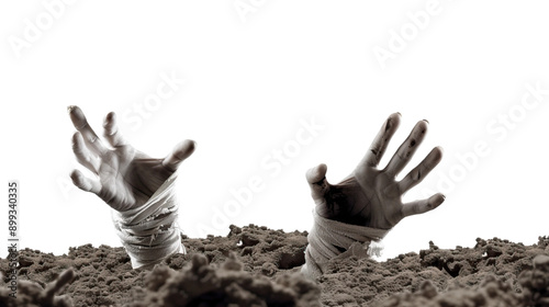 Scary mummy's hands emerging from the ground, wrapped in tattered bandages. Ideal for Halloween, horror, or spooky-themed designs. Transparent background. photo