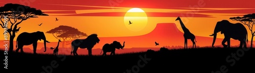 African Safari A minimalist flat design depicting iconic African animals like lions, elephants, and giraffes, silhouetted against a sunset