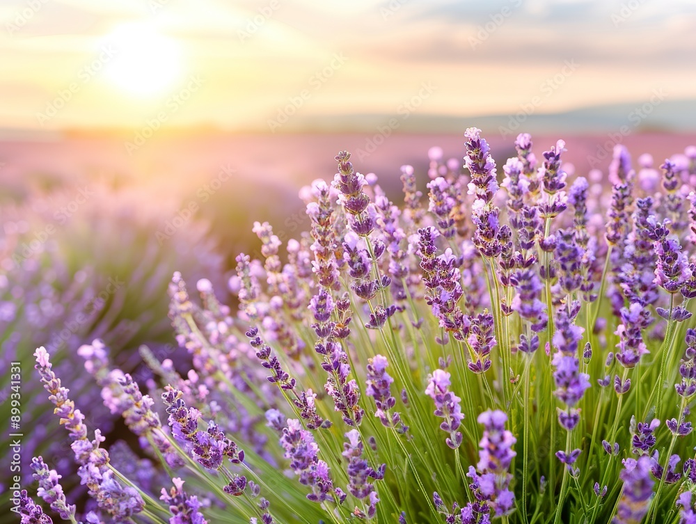 Obraz premium A vast lavender field at sunset, with mountains in the background