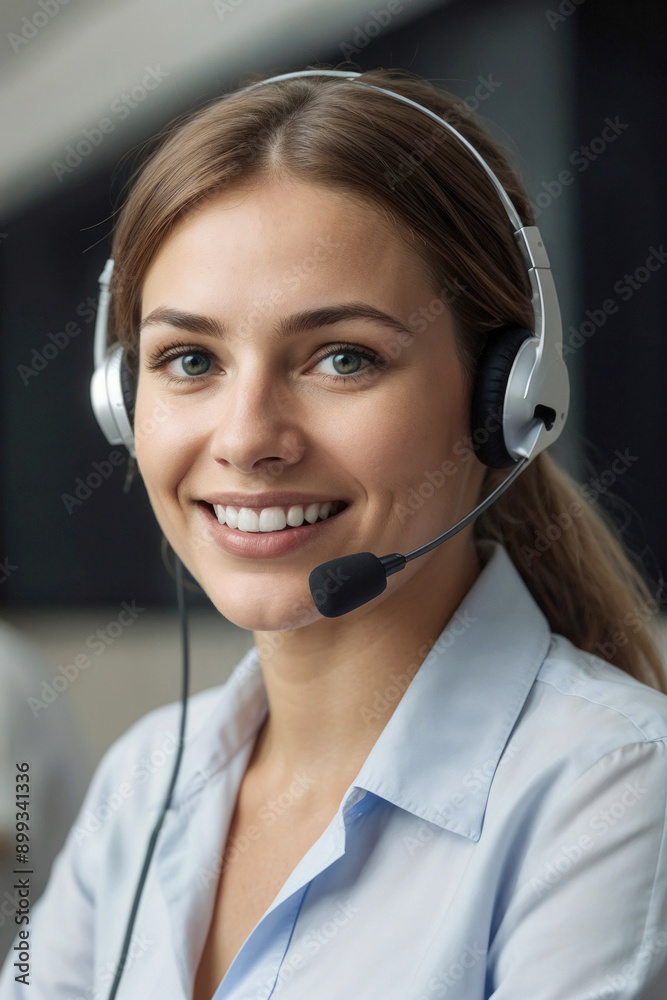 Face of happy woman broker talking on phone in office. Call center agent Face of happy woman broker talking on phone in office. Call center agent