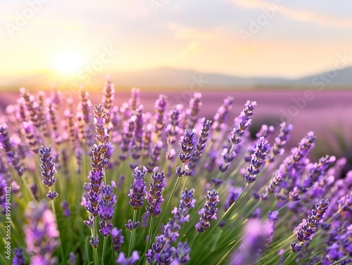 A vast lavender field at sunset, with mountains in the background