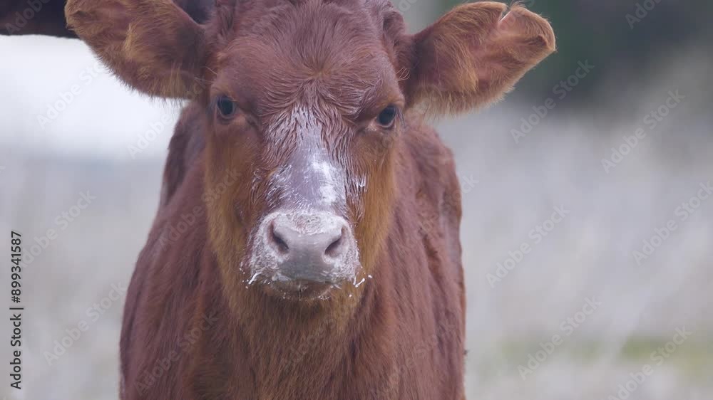 A funny filthy calf after sucking the udder of a cow. The cub smeared its muzzle with milk A funny filthy calf after sucking the udder of a cow. The cub smeared its muzzle with milk