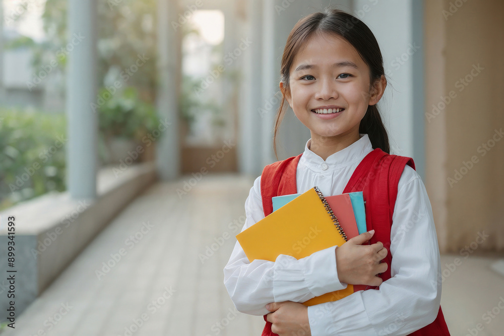 Happy Asian young schoolgirl wearing a red vest and white shirt is holding a stack of books with copy space Happy Asian young schoolgirl wearing a red vest and white shirt is holding a stack of books with copy space