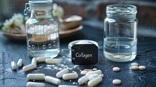 collagen powder and capsules on the table. Selective focus. photo