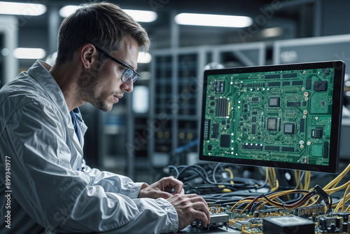 Portrait of technician repairs server boards in a technical lab