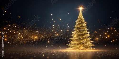 Christmas tree with golden particles on dark background Generative AI