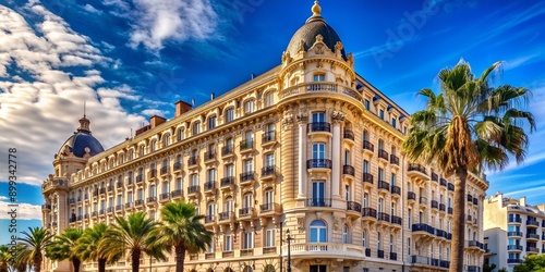 Cannes France  April 2019 Corner of the ornate Carlton Hotel which is a landmark on the seafront in Cannes Generative AI