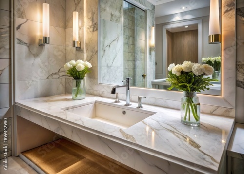 Sleek and modern white sink takes center stage in a chic bathroom, surrounded by sleek lines, marble countertops, and a luxurious ambiance of refined elegance. photo