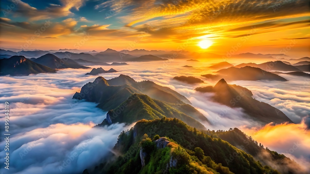 Golden Sunset Over Mountain Range With Sea Of Clouds. Golden Sunset Over Mountain Range With Sea Of Clouds.