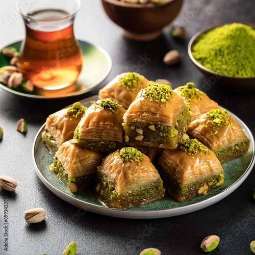 Turkish dessert pistachio baklava or kuru baklava photo