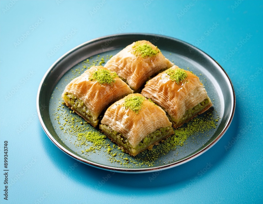 Turkish dessert pistachio baklava or kuru baklava on blue background