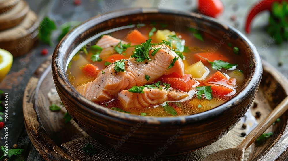 Fish soup on a beautiful background. Selective focus. Fish soup on a beautiful background. Selective focus.
