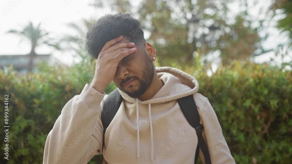 A stressed man in casual attire experiencing a headache while standing outdoors with greenery in the background A stressed man in casual attire experiencing a headache while standing outdoors with greenery in the background