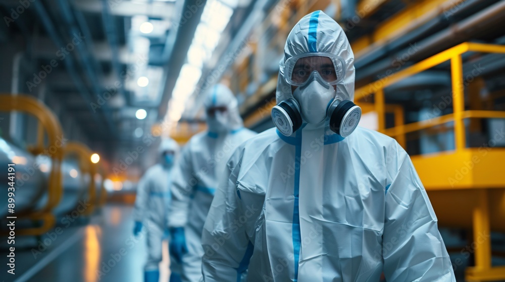 Group of industrial workers in protective suits and masks, showcasing safety measures in a high-tech facility, emphasizing health and security protocols. Group of industrial workers in protective suits and masks, showcasing safety measures in a high-tech facility, emphasizing health and security protocols.
