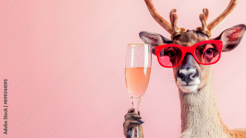 © carolina - A whimsical and festive reindeer wearing stylish sunglasses holds a glass of champagne, exuding holiday cheer and cool vibes. With its antlers decorated and a jolly expression, this playful scene capt © carolina - A whimsical and festive reindeer wearing stylish sunglasses holds a glass of champagne, exuding holiday cheer and cool vibes. With its antlers decorated and a jolly expression, this playful scene capt