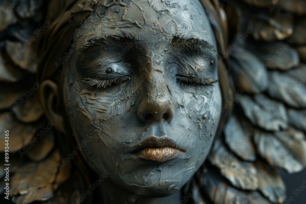 Closeup of a Sculptural Face with Golden Accents Closeup of a Sculptural Face with Golden Accents