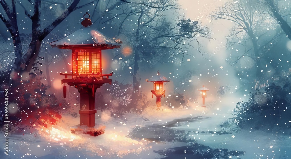 Holiday lanterns, glowing in the snow, warm light, watercolor style Holiday lanterns, glowing in the snow, warm light, watercolor style