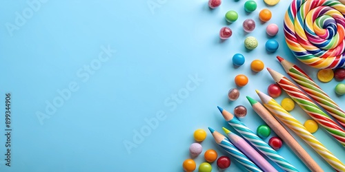 light blue background with candy and pencils children s theme Creative AI © anulak