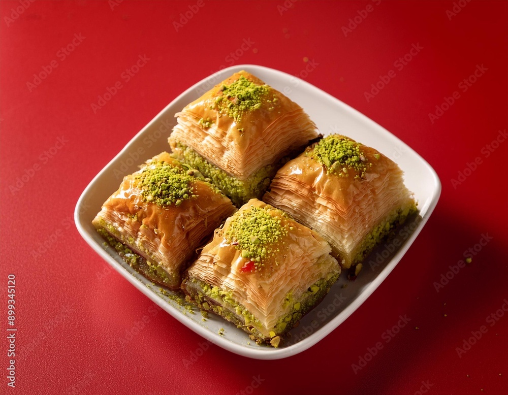 Turkish dessert pistachio baklava or kuru baklava on red background Turkish dessert pistachio baklava or kuru baklava on red background