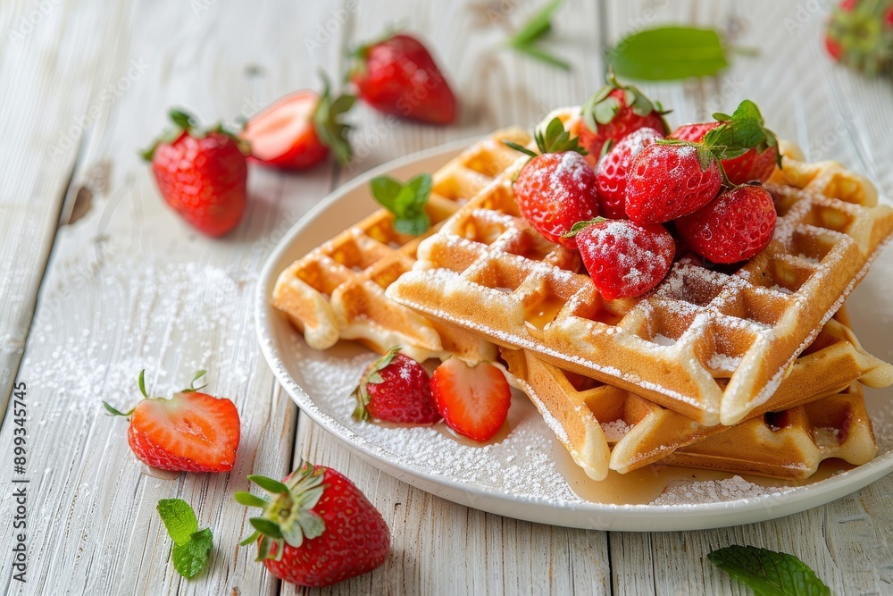 Berry Belgian Waffle with strawberries. Culinary, cooking, bakery concept. Food recipe background. Close up.
