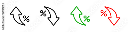 Percent arrow icon. Growth, increase, decrease arrow filled icons. Up arrows, down arrows. Vector