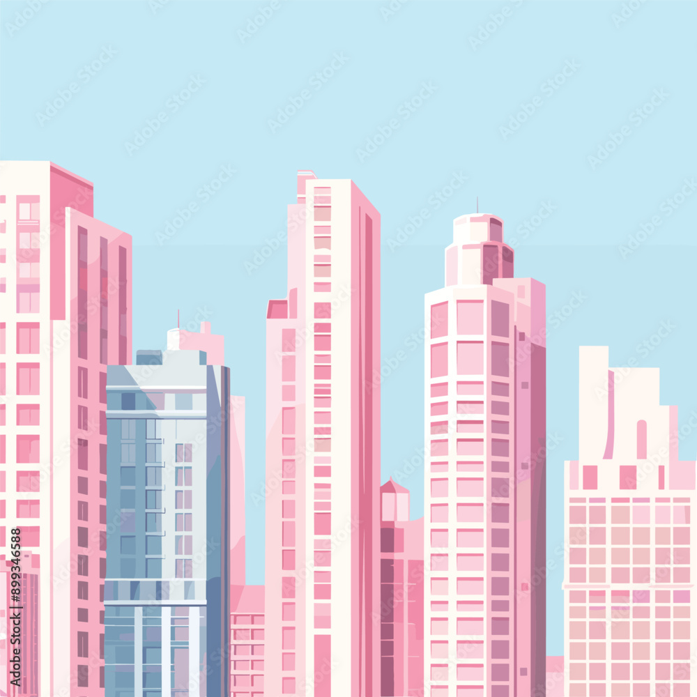 A pastel pink and blue cityscape with tall buildings and a clear blue sky. A pastel pink and blue cityscape with tall buildings and a clear blue sky.