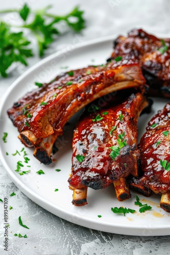 grilled ribs fried on a plate. Selective focus. photo