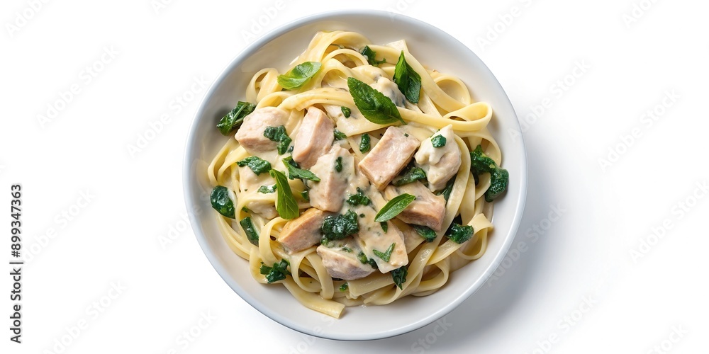 Chicken Alfredo Pasta with Spinach Isolated on White Top View Selective focus Generative AI