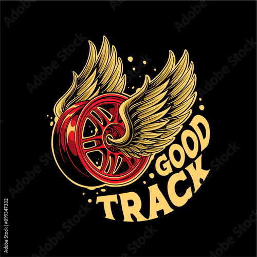 T-Shirt design good track flying car racing rims with wings vintage vector illustration